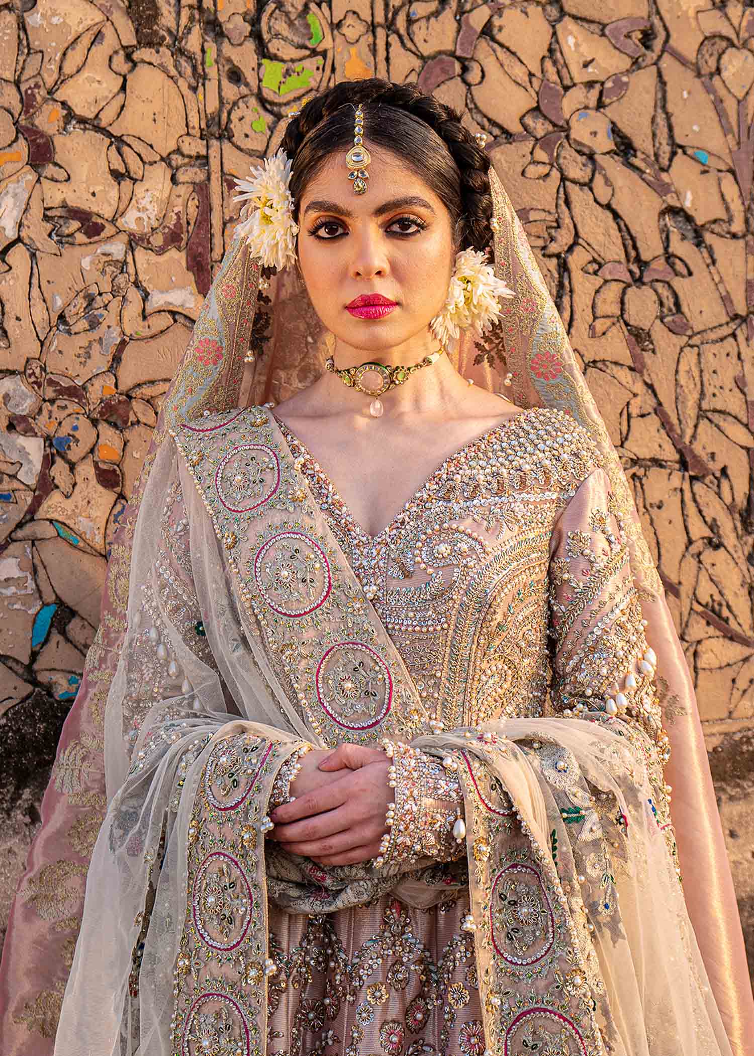 Pakistani Rose Gold Embellished Tissue Pishwas (3-Piece) - Image 3