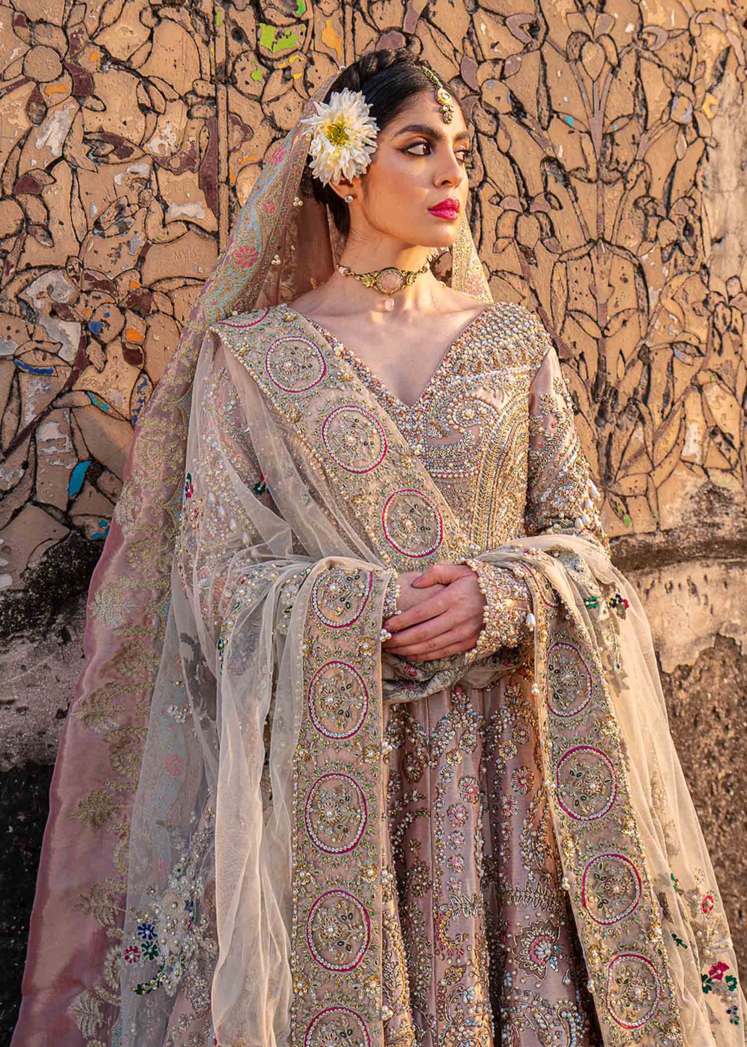 Pakistani Rose Gold Embellished Tissue Pishwas (3-Piece) - Image 4