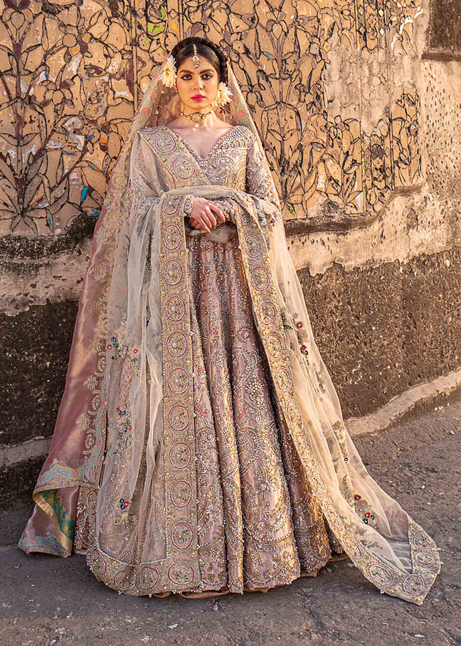 Pakistani Rose Gold Embellished Tissue Pishwas (3-Piece) - Image 6