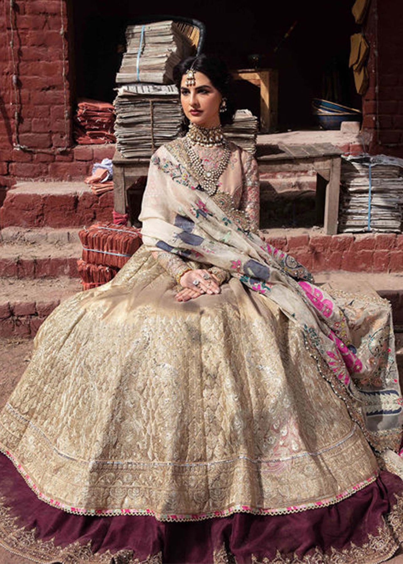 Gold Embellished Tissue Pishwas Dress (3-Piece) - Image 3