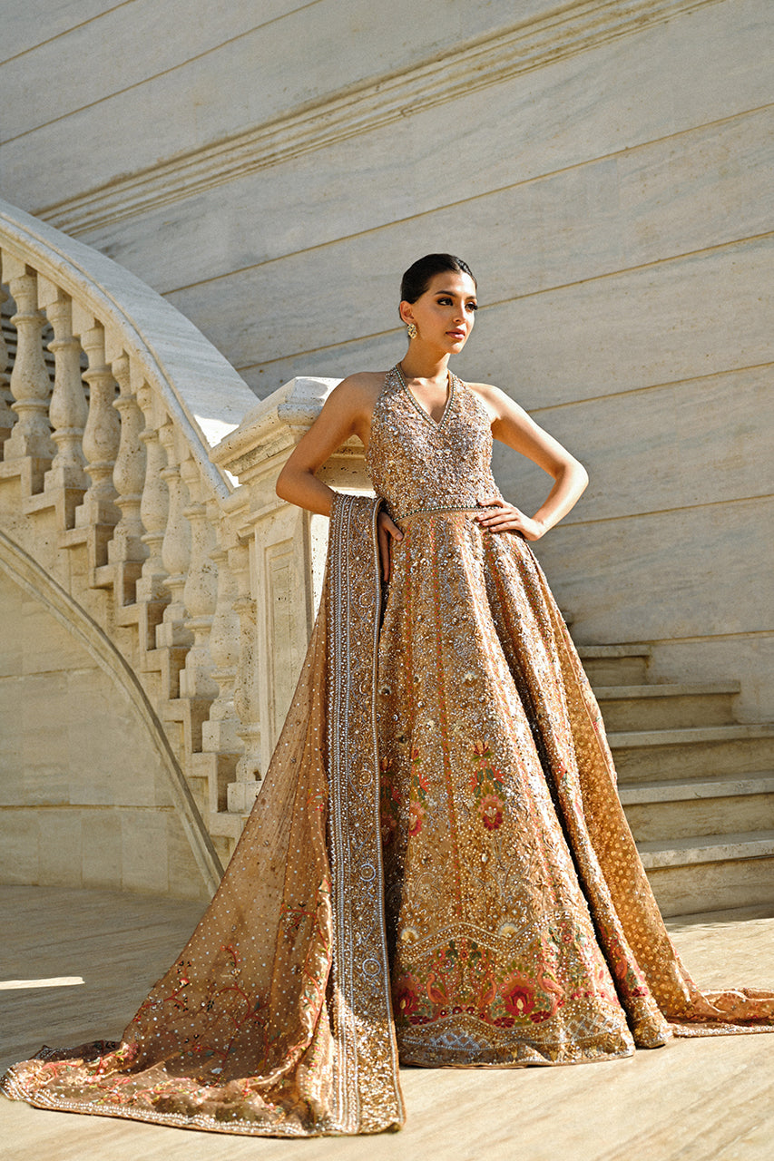 Champagne Gold Zardozi Tissue Pishwas (2-Piece) - Image 1