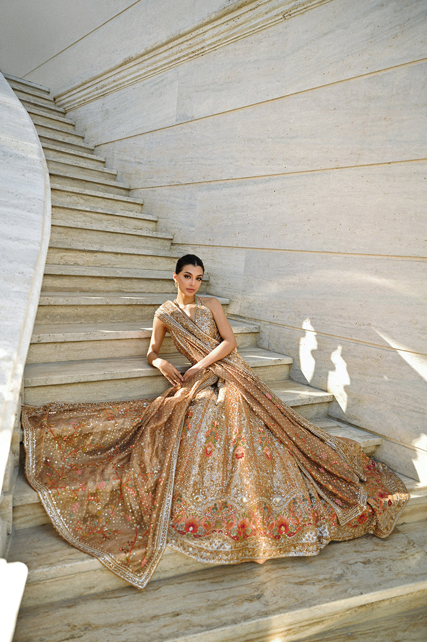 Champagne Gold Zardozi Tissue Pishwas (2-Piece) - Image 2