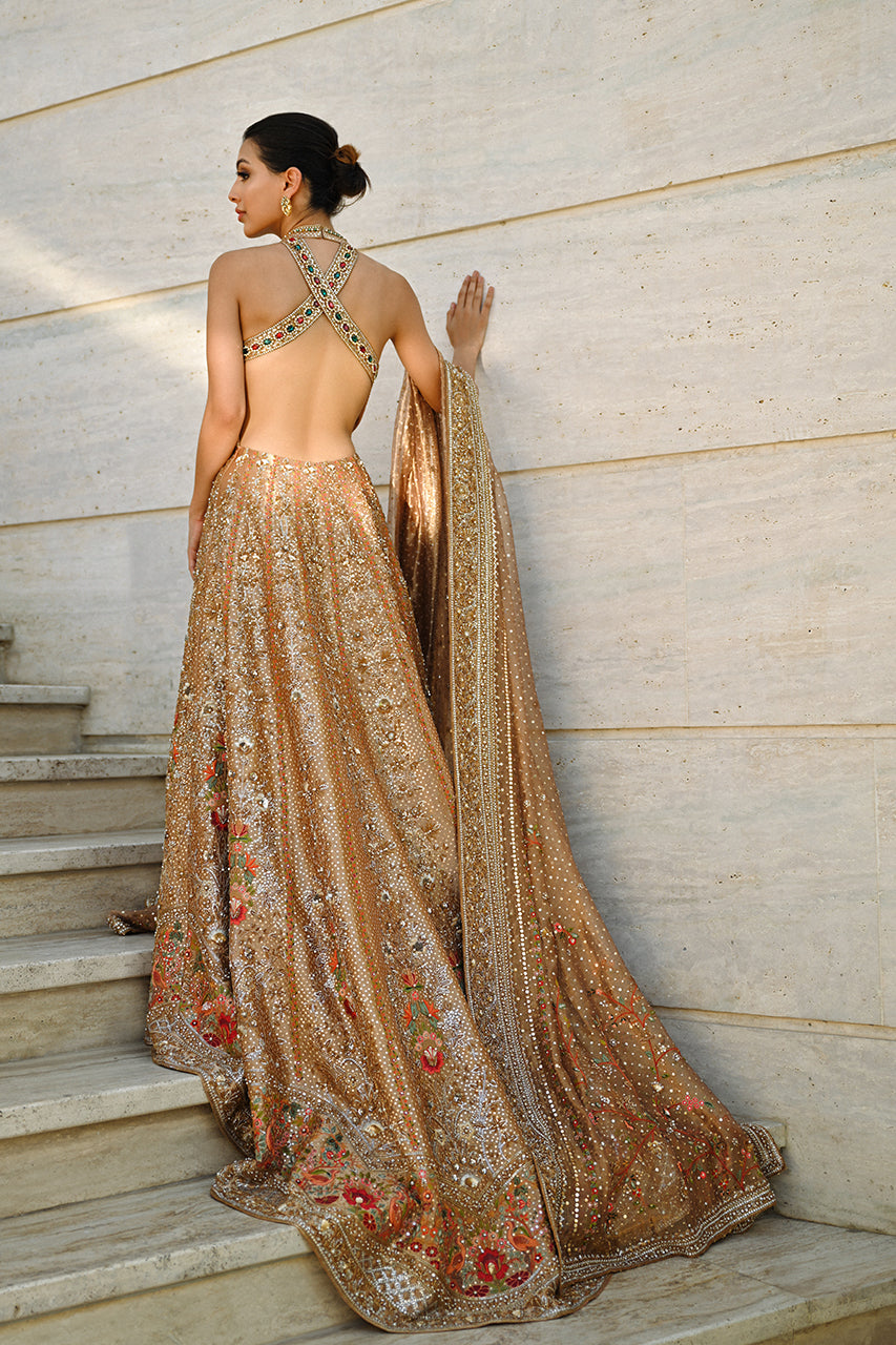 Champagne Gold Zardozi Tissue Pishwas (2-Piece) - Image 3