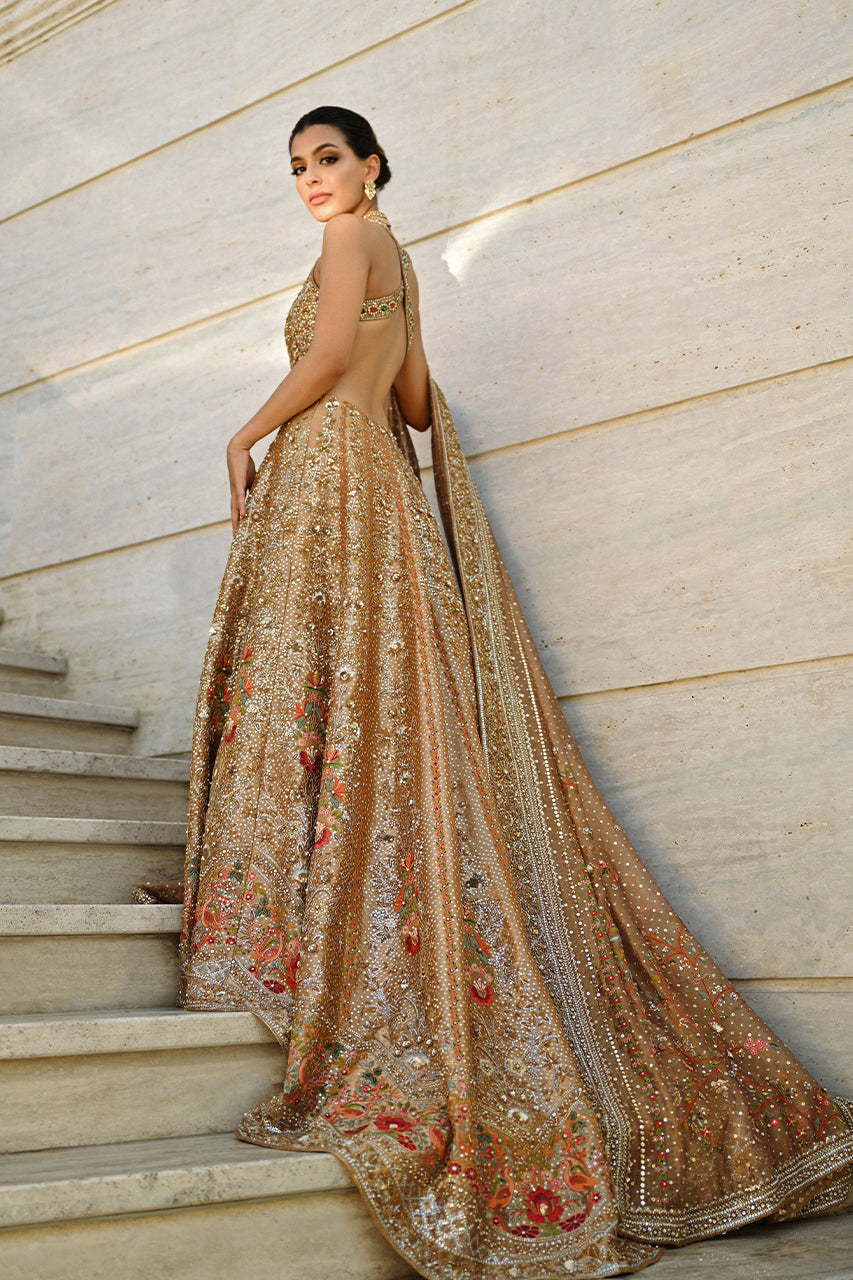 Champagne Gold Zardozi Tissue Pishwas (2-Piece) - Image 4