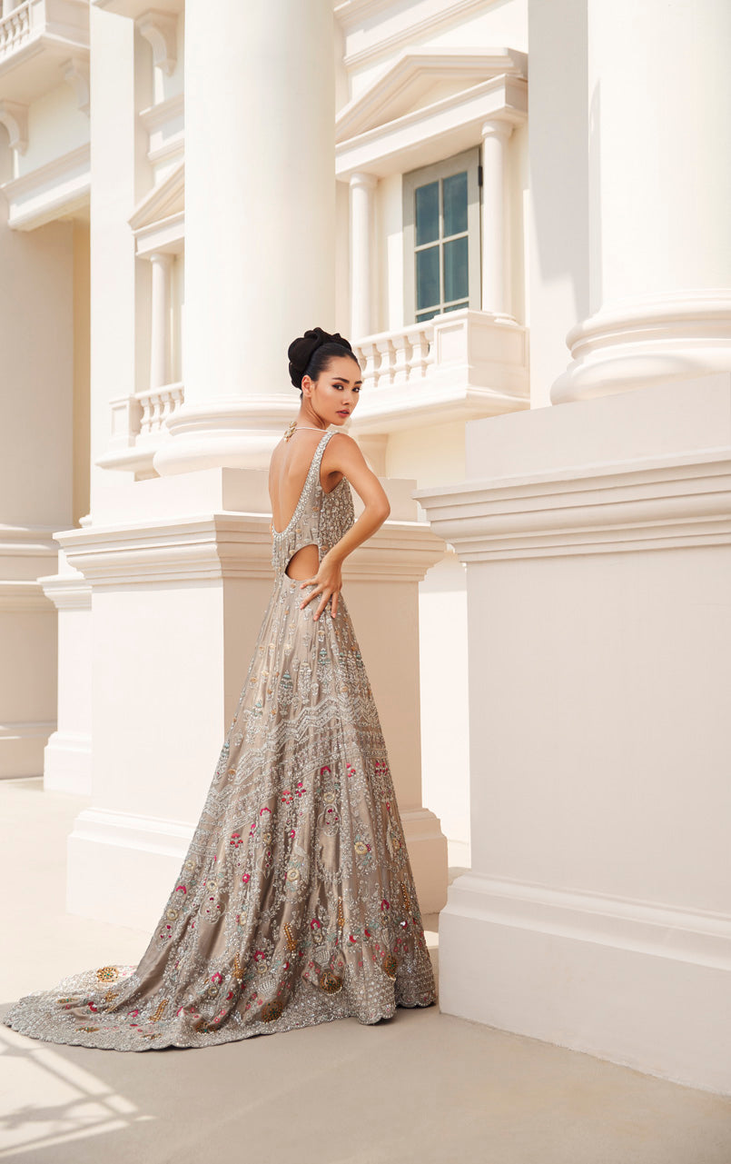 Pakistani Metallic Zardozi Tissue Pishwas Dress (2-Piece) - Image 6