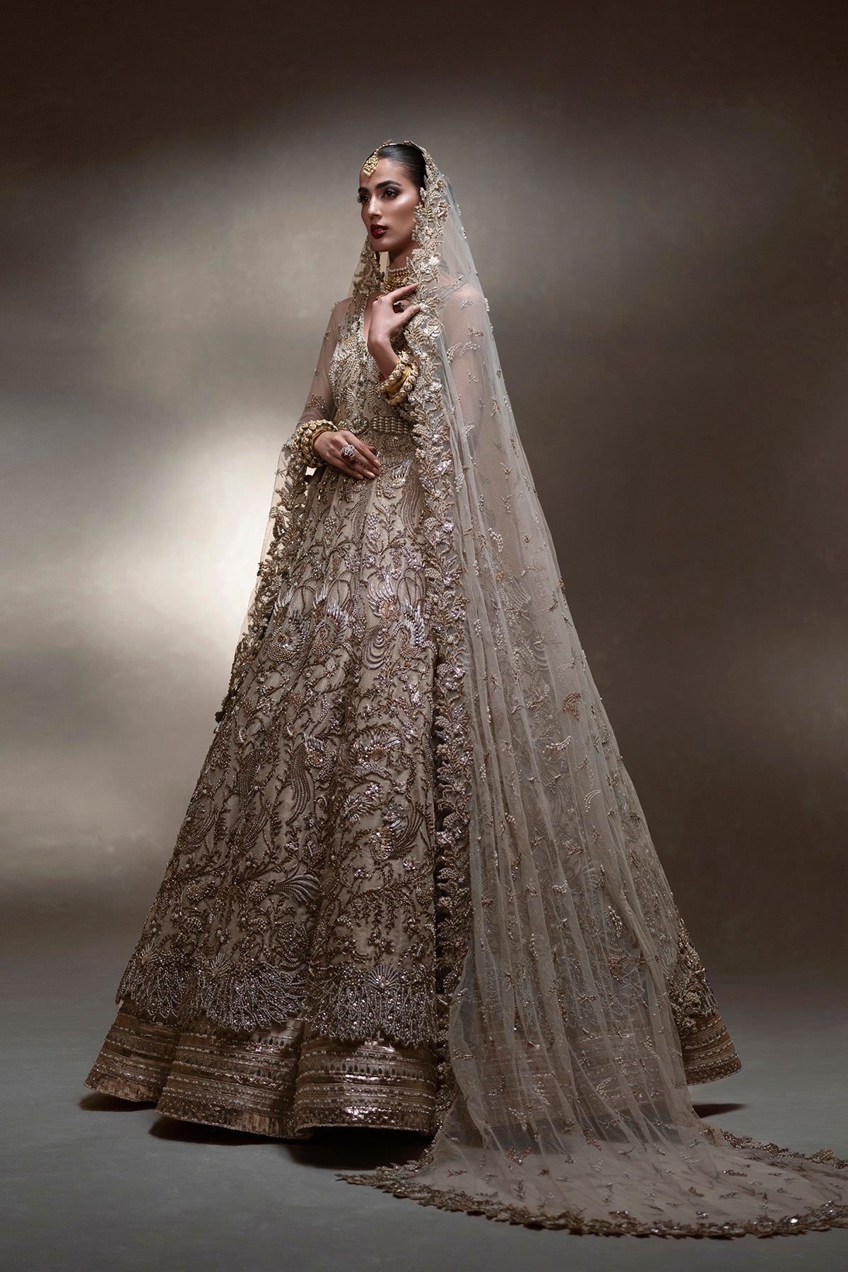 Indian Dull Gold Embellished Tissue Pishwas Dress (3-Piece) - Image 1