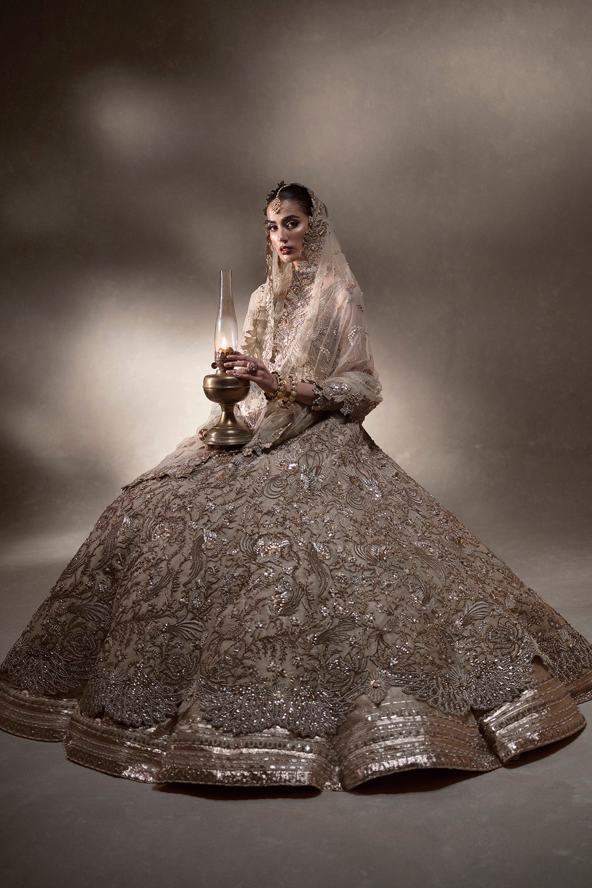 Indian Dull Gold Embellished Tissue Pishwas Dress (3-Piece) - Image 3