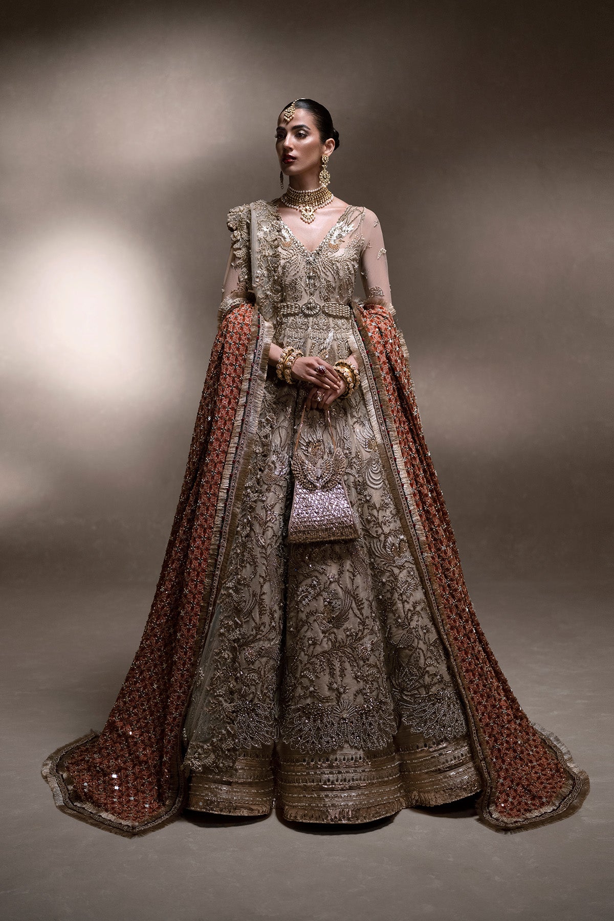 Indian Dull Gold Embellished Tissue Pishwas Dress (3-Piece) - Image 4