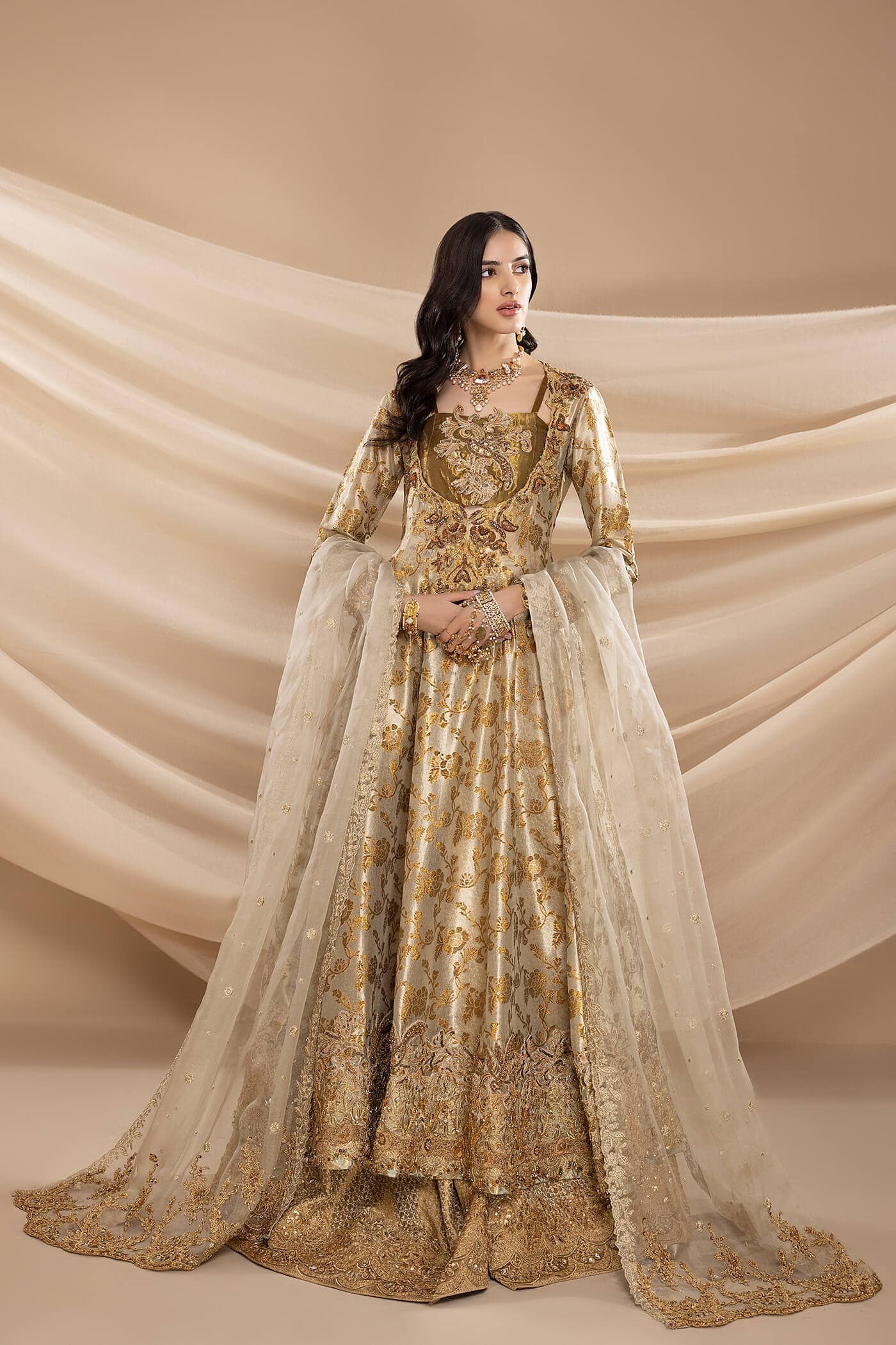 Antique & Champagne Gold Embroidered Tissue Zari Pishwas (3-Piece) - Image 1