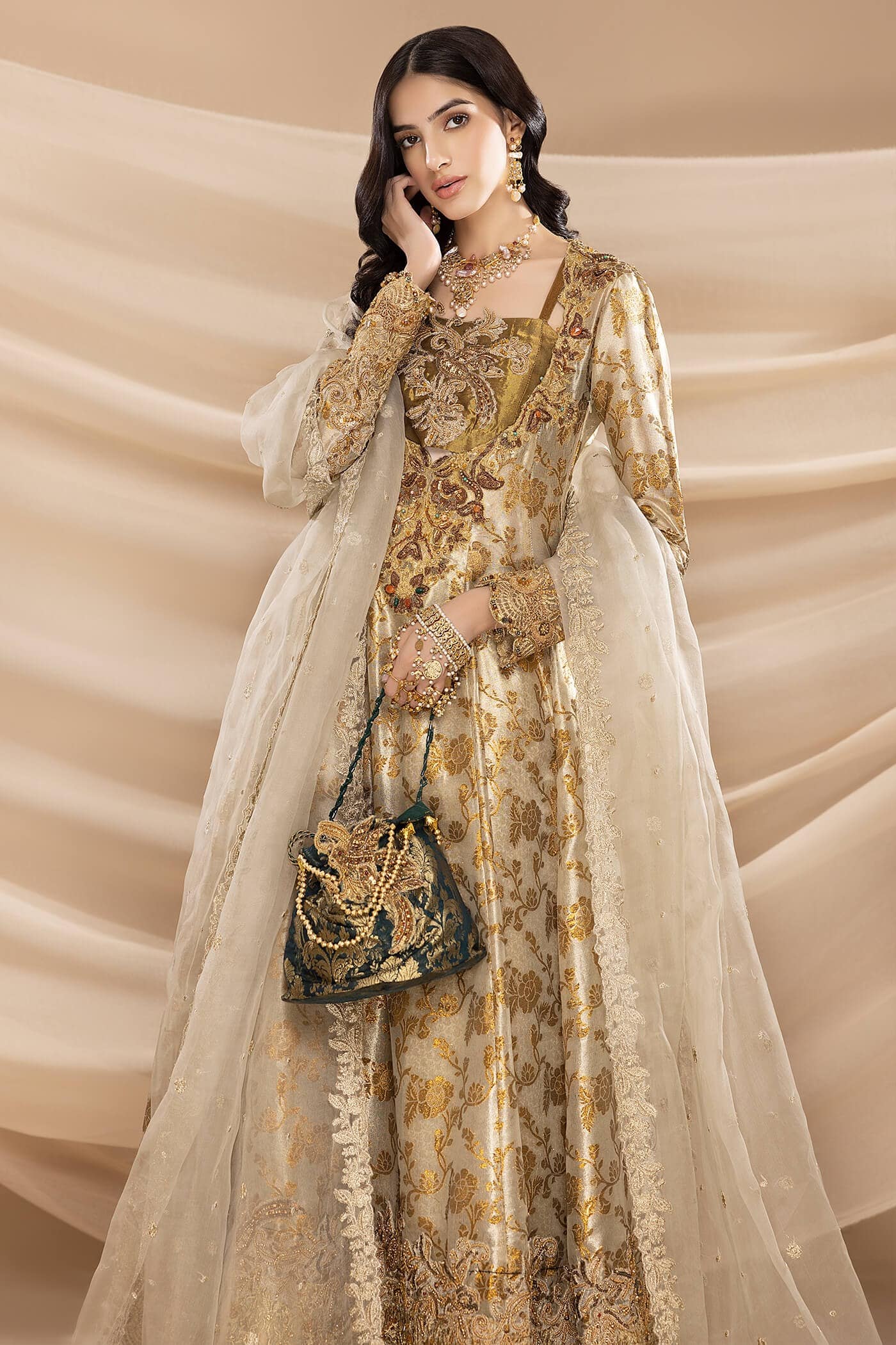 Antique & Champagne Gold Embroidered Tissue Zari Pishwas (3-Piece) - Image 2