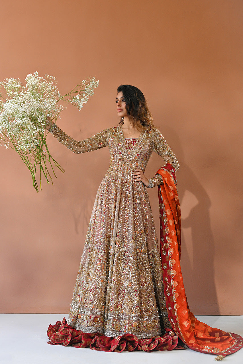 Champagne Zardozi Tulle Pishwas Dress (3-Piece) - Image 3