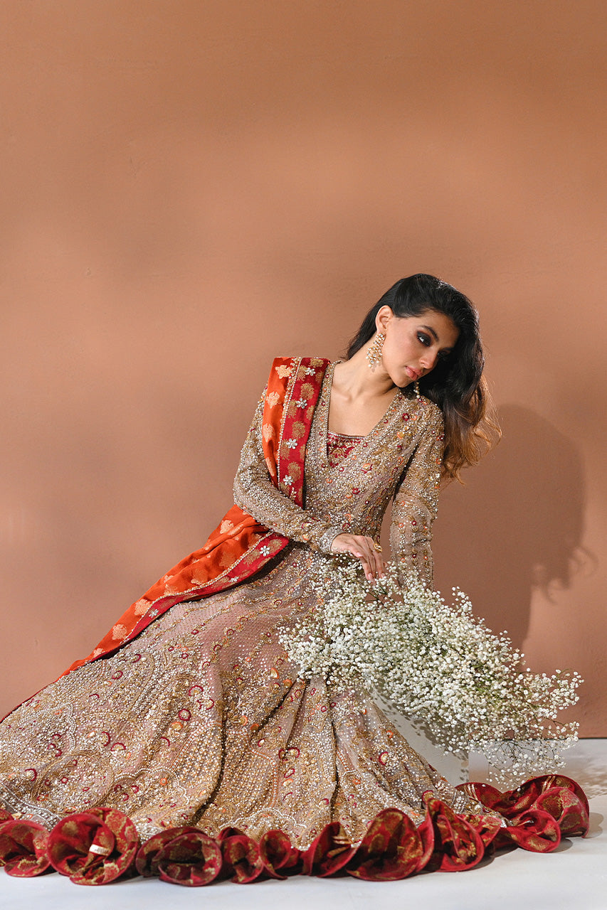 Champagne Zardozi Tulle Pishwas Dress (3-Piece) - Image 5