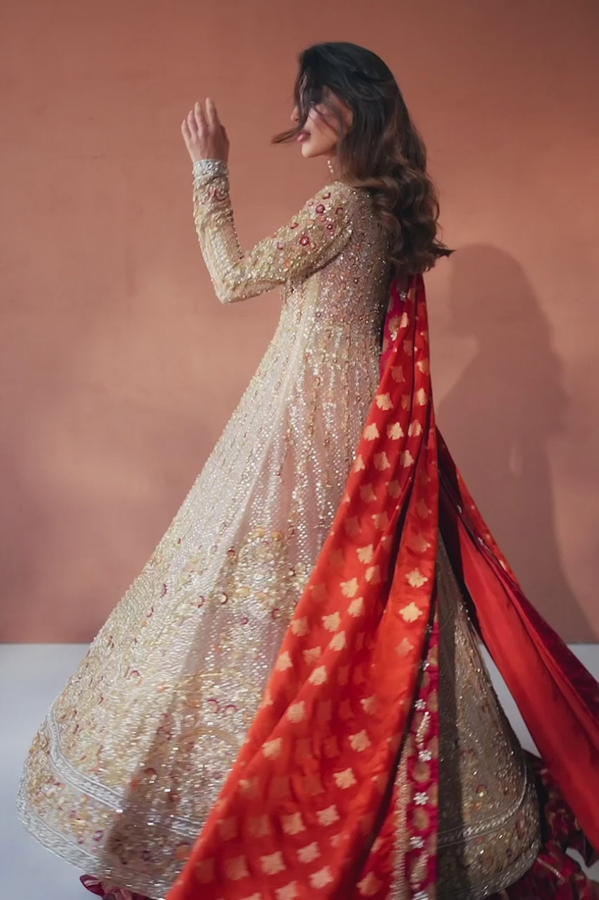 Champagne Zardozi Tulle Pishwas Dress (3-Piece) - Image 6