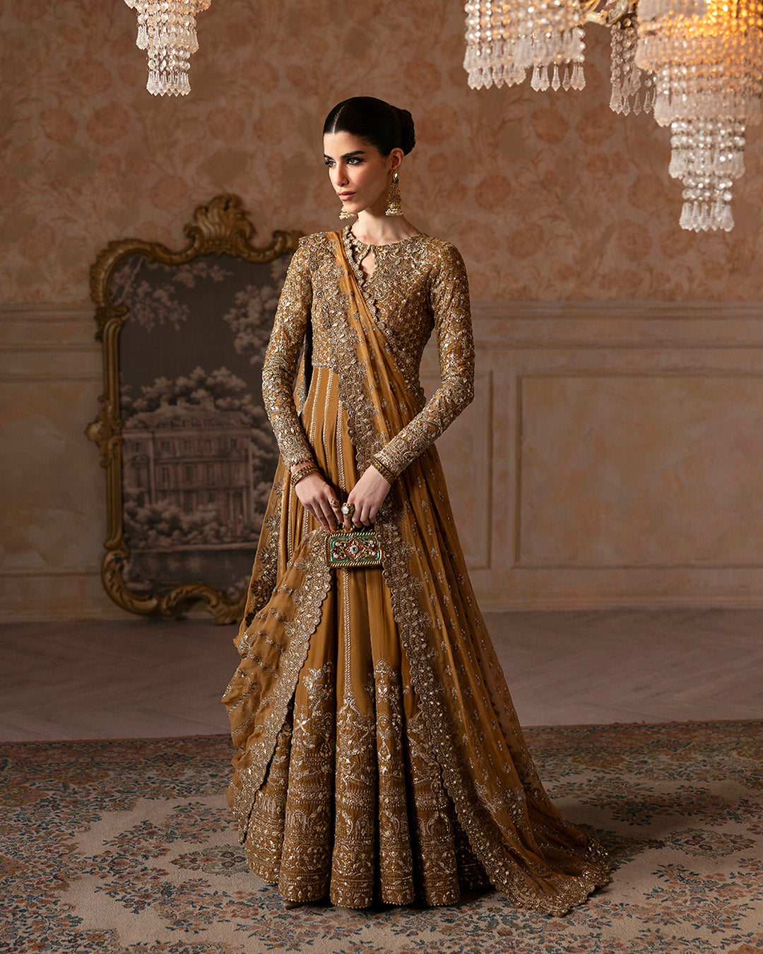 Pakistani Mustard Embroidered Velvet Pishwas Set (3-Piece) - Image 1