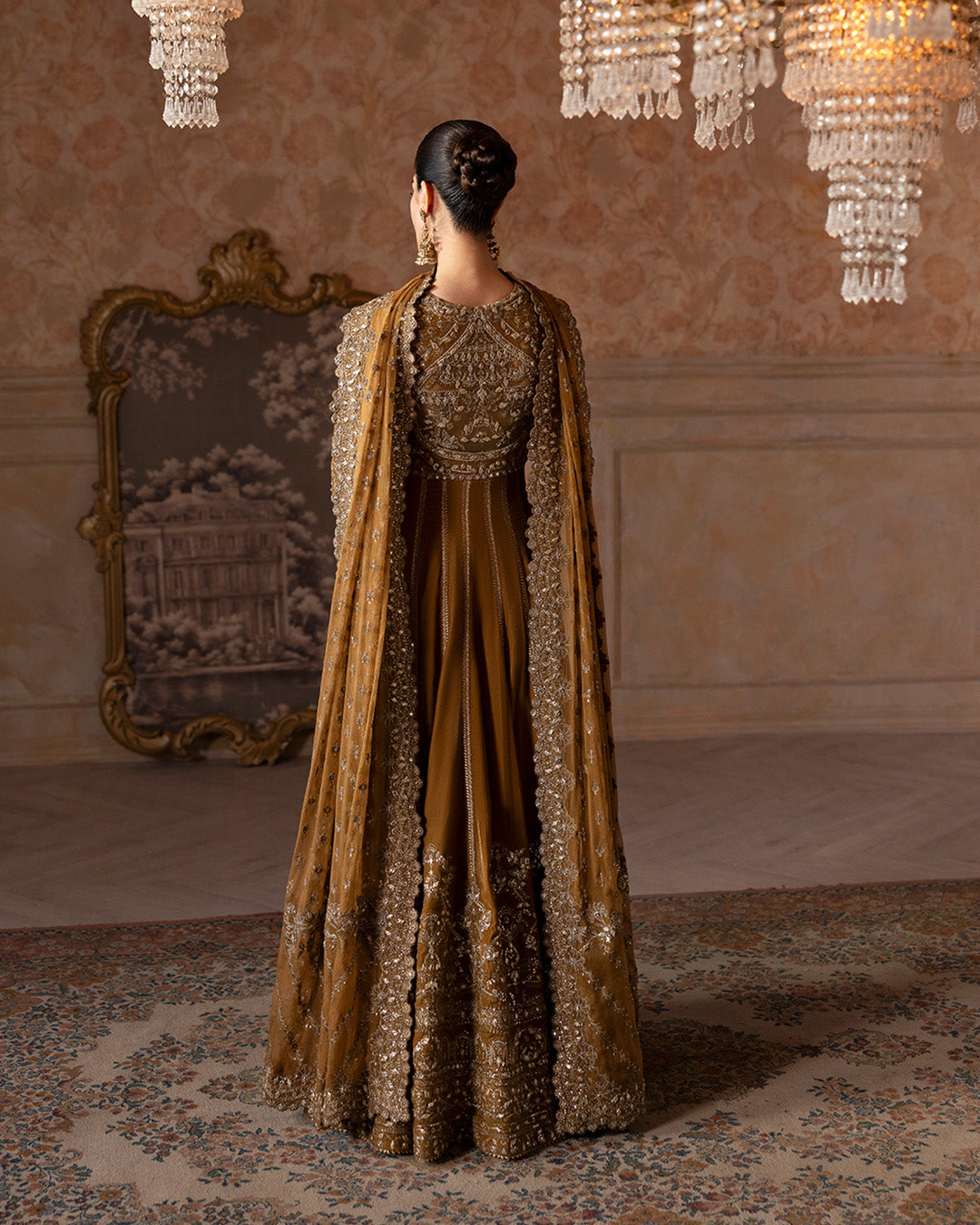 Pakistani Mustard Embroidered Velvet Pishwas Set (3-Piece) - Image 3