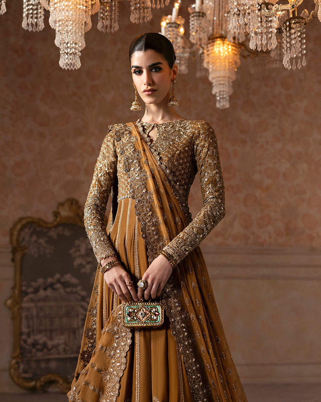 Pakistani Mustard Embroidered Velvet Pishwas Set (3-Piece) - Image 5