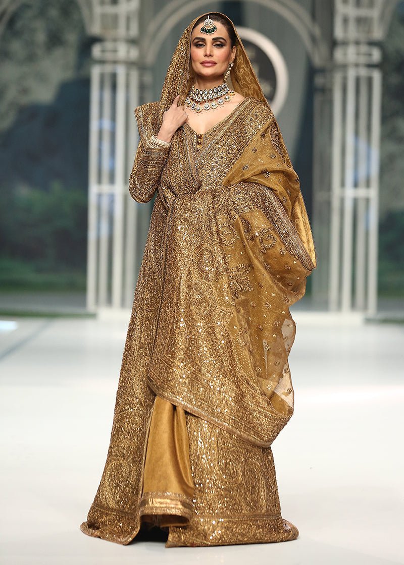 Gold Zari Net Embroidered Pishwas Dress (4-Piece) - Image 3