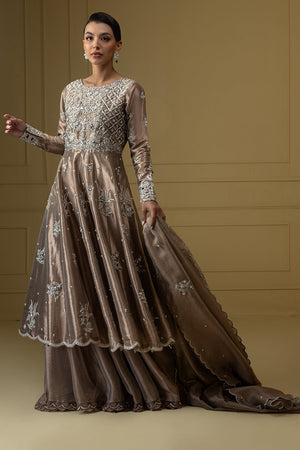 Dull Gold Hand-Embellished Zari Net Pishwas (3-Piece) - Image 5