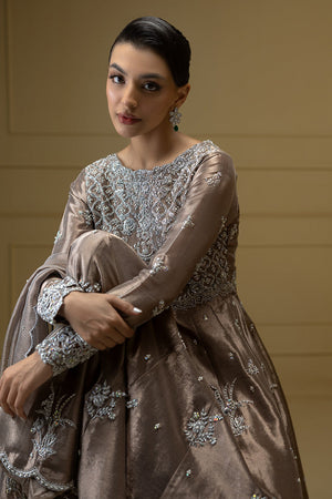 Dull Gold Hand-Embellished Zari Net Pishwas (3-Piece) - Image 6