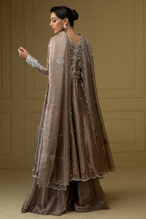 Dull Gold Hand-Embellished Zari Net Pishwas (3-Piece) - Image 7