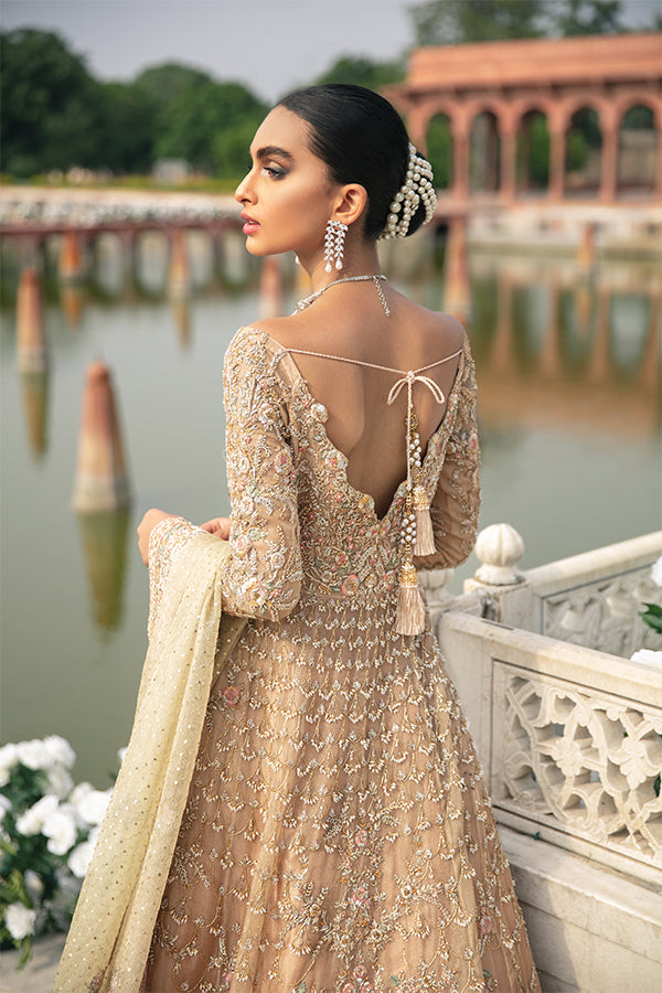 Pakistani Rose Gold Zari Net Pishwas Dress (3-Piece) - Image 3