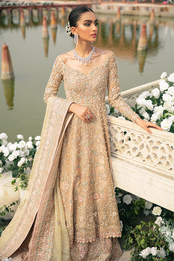 Pakistani Rose Gold Zari Net Pishwas Dress (3-Piece) - Image 5