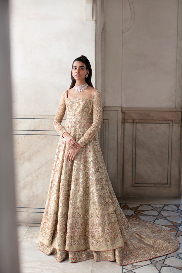 Gold Zari Net Embroidered Pishwas Dress (3-Piece) - Image 1