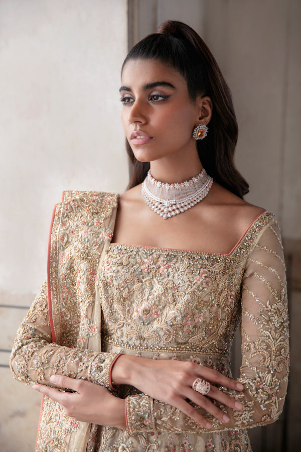 Gold Zari Net Embroidered Pishwas Dress (3-Piece) - Image 5