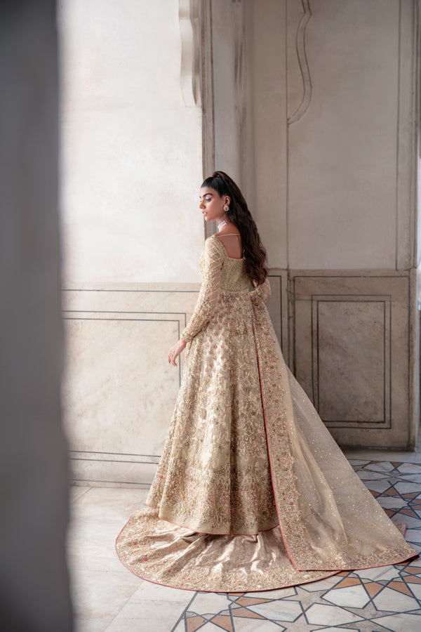 Gold Zari Net Embroidered Pishwas Dress (3-Piece) - Image 6