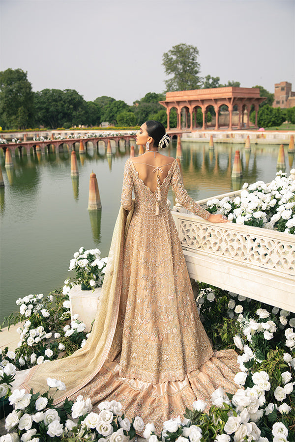 Indian Rose Gold Zari Net Pishwas Dress (2-Piece) - Image 4