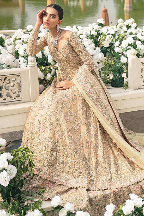 Indian Rose Gold Zari Net Pishwas Dress (2-Piece) - Image 5