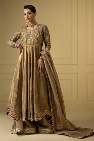 Royal Gold Zardozi Zari Net Pishwas (3-Piece) - Image 1