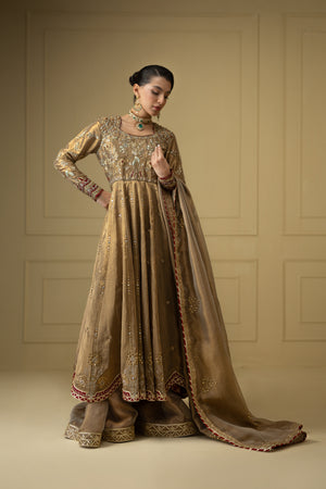 Pakistani Royal Gold Zari Net Pishwas Dress (3-Piece) - Image 4
