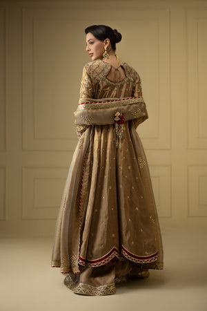 Pakistani Royal Gold Zari Net Pishwas Dress (3-Piece) - Image 5