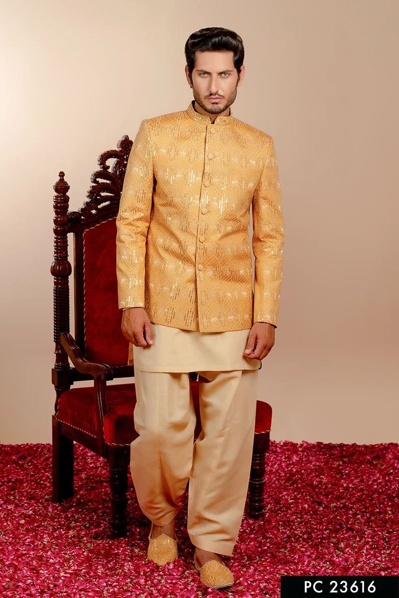 Gold Embellished Baar Silk Prince Coat (3-Piece) - Image 1