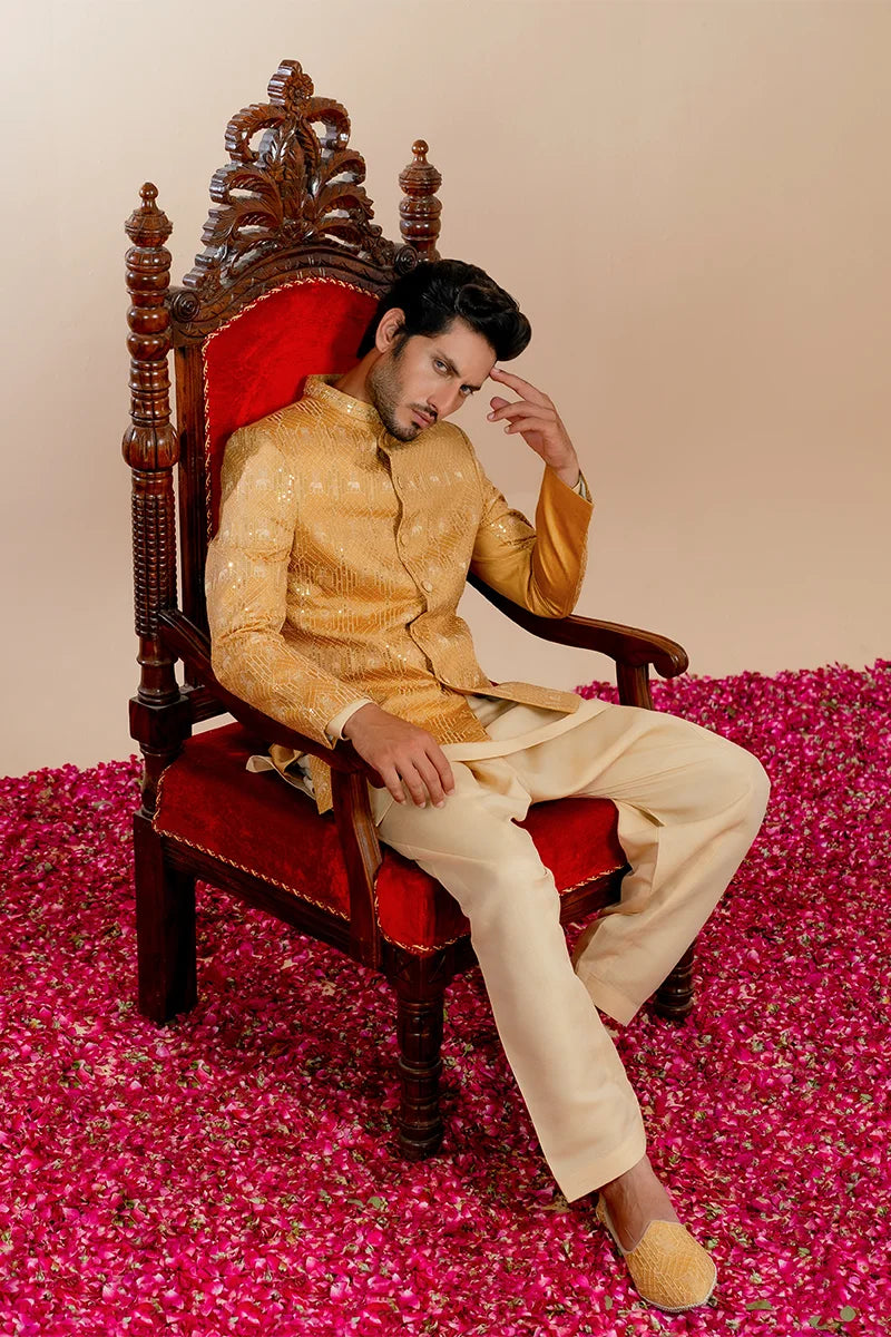 Gold Embellished Baar Silk Prince Coat (3-Piece) - Image 2