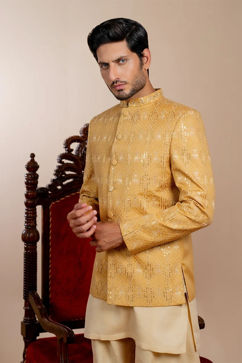 Gold Embellished Baar Silk Prince Coat (3-Piece) - Image 3