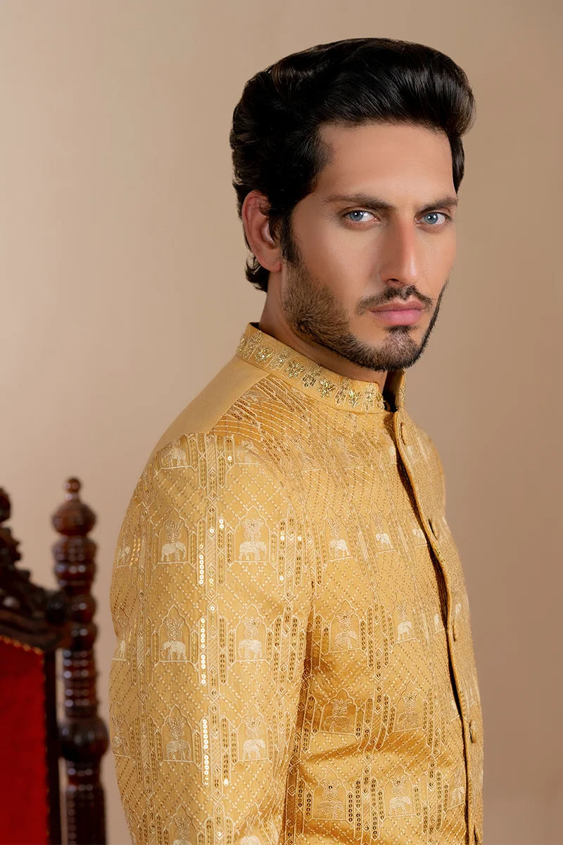 Gold Embellished Baar Silk Prince Coat (3-Piece) - Image 4