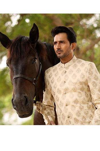 Golden Beige Embroidered Self Banarsi Prince Coat (1-Pc) - Image 1