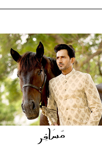 Golden Beige Embroidered Self Banarsi Prince Coat (1-Pc) - Image 2