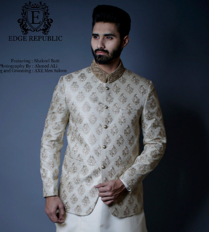 Beige Gold Hand-Worked Banarsi Jamawar Prince Coat (1-Pc) - Image 1