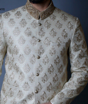 Beige Gold Hand-Worked Banarsi Jamawar Prince Coat (1-Pc) - Image 2