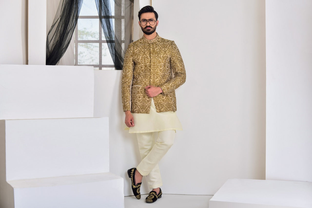 Gold Brocade Prince Coat 3-Piece Set - Image 3