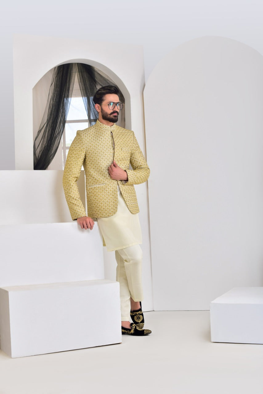 Gold Brocade Prince Coat with Ivory Kurta Pajama (3-Piece) - Image 1
