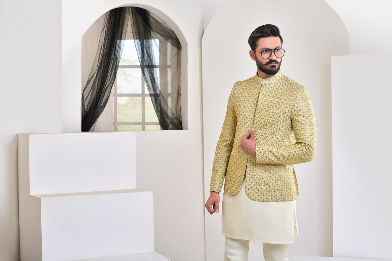 Gold Brocade Prince Coat with Ivory Kurta Pajama (3-Piece) - Image 2
