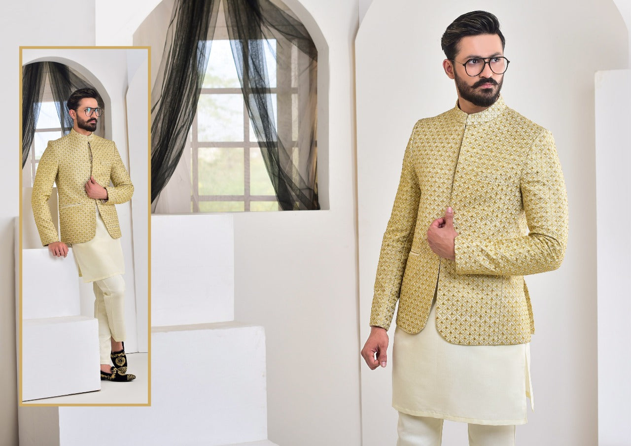 Gold Brocade Prince Coat with Ivory Kurta Pajama (3-Piece) - Image 3