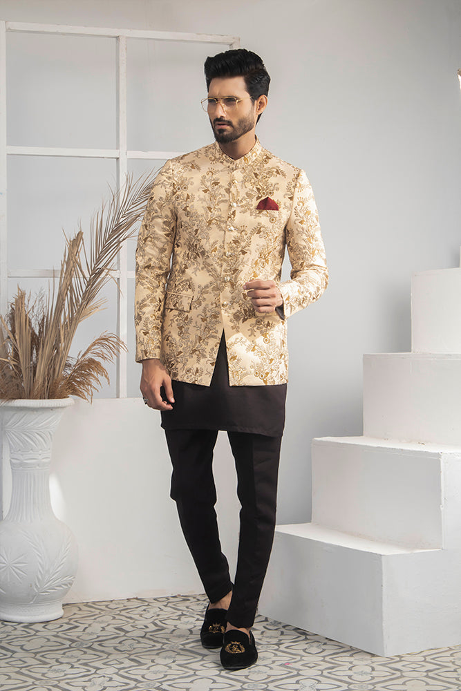 Gold Woven Floral Wool-Blend Prince Coat (2-Piece) - Image 1