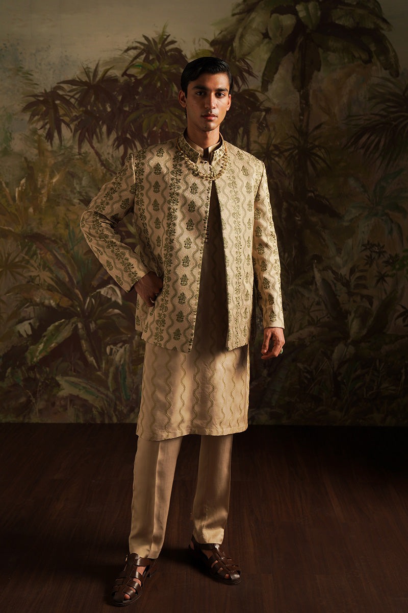 Beige Gold Embroidered Jacquard Prince Coat (3-Piece) - Image 3