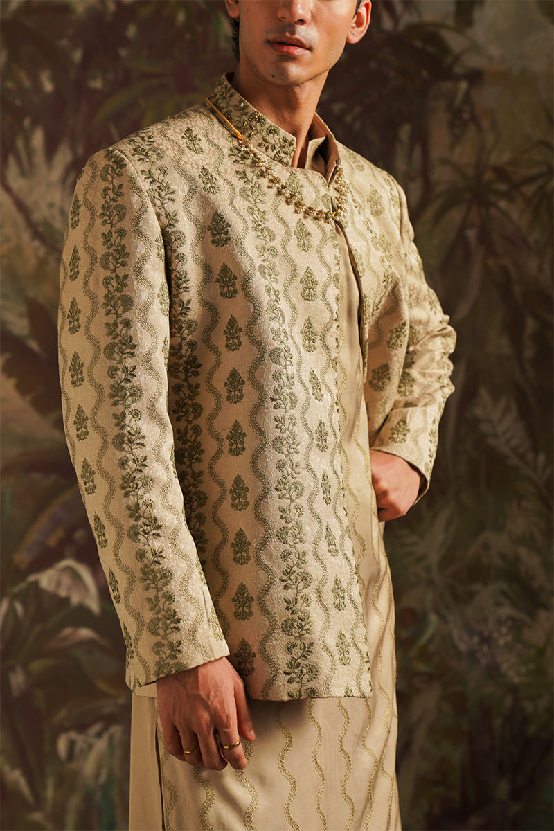 Beige Gold Embroidered Jacquard Prince Coat (3-Piece) - Image 5