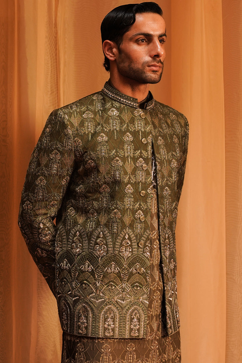 Olive Gold Embroidered Jacquard Prince Coat (1-Pc) - Image 2